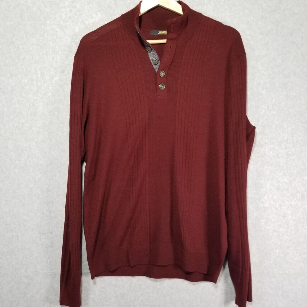 Murano Sweater 1/4 Button Mens XL Maroon 100% Merino Wool Long Sleeve